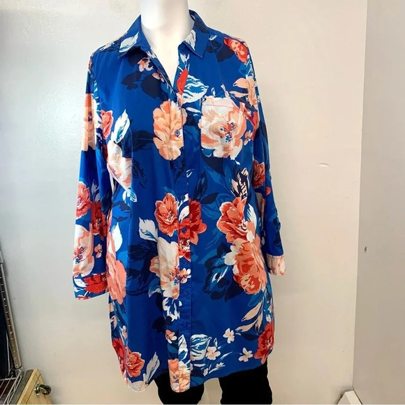 D Co Beach Shirt Woman 2X Cover Up‎ Blue Print Button Front Pockets Tunic Light - Picture 1 of 13